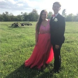 Pink beaded prom dress; Tiffany designs; size 16